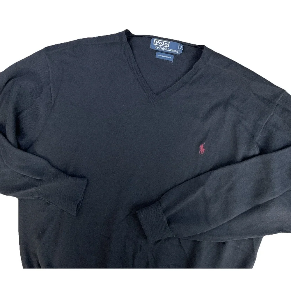 Vintage Polo Ralph Lauren Lambswool‎ V-Neck Sweater Mens XL Navy Blue Pony Knit